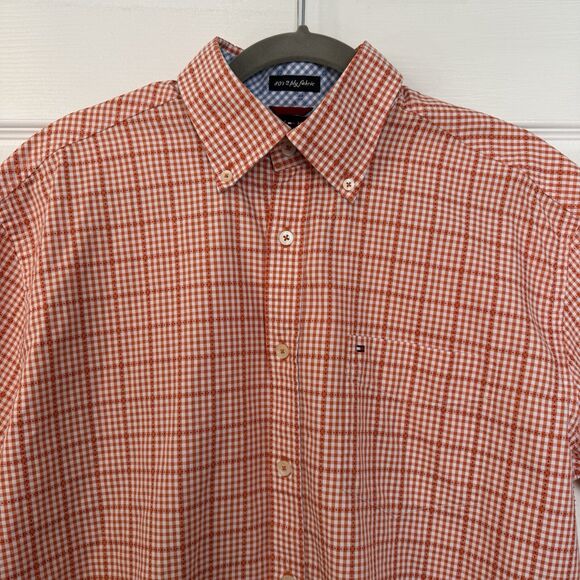 Men’s Tommy Hilfiger Orange/White Plaid Button Down Short Sleeve Shirt Size M - Picture 2 of 7